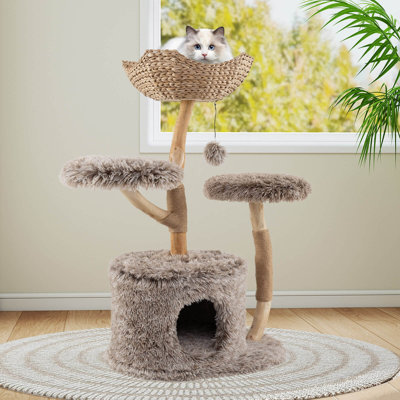 Solid Wood Cat Tree with Well-woven Cattail Basket Luxury Condo Scratching Posts
