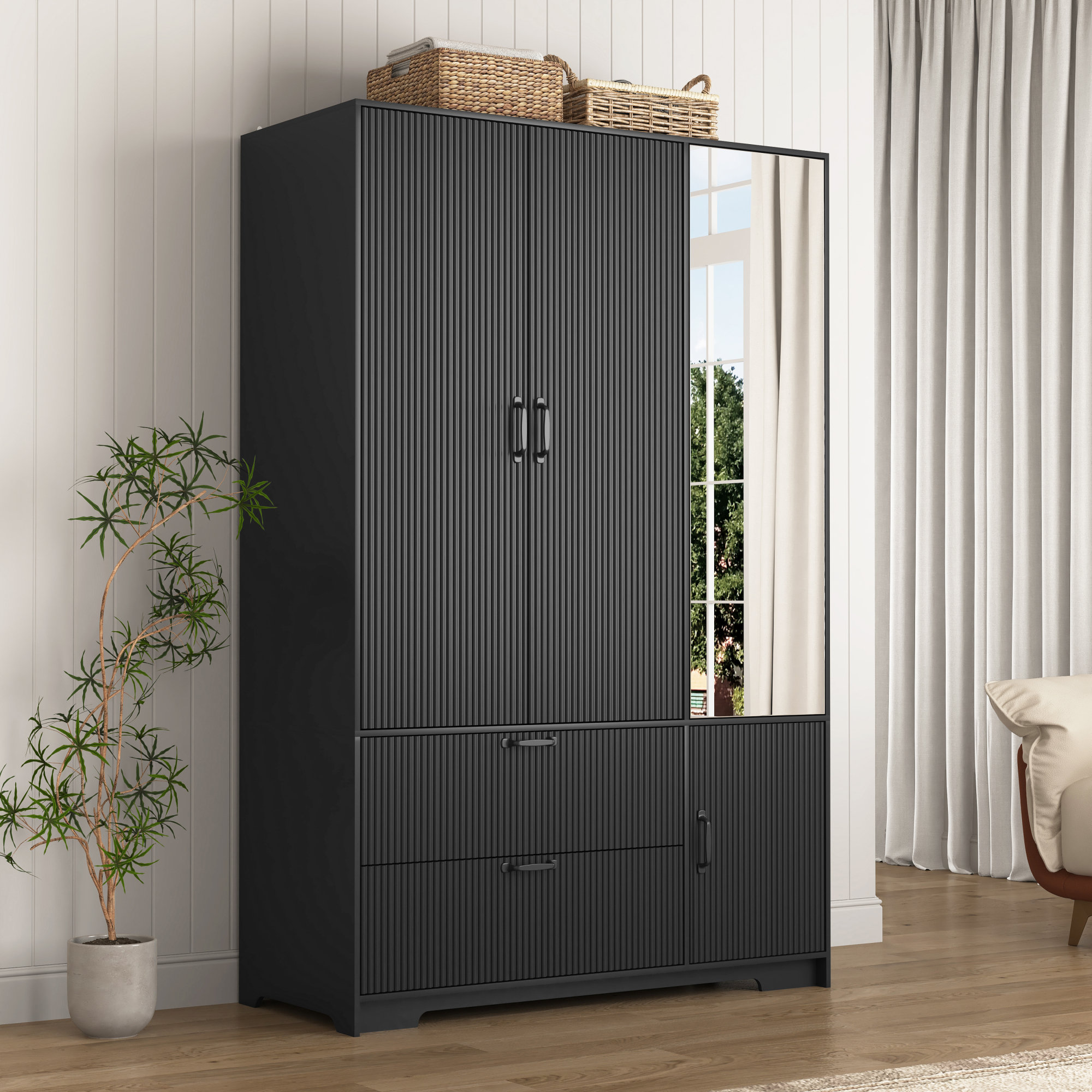 Brayden Studio Spacious Modern Armoires Wardrobe, Black Wood With