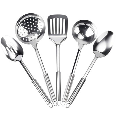 5 Pcs Stainless Steel Cooking Utensils Set Heat Resistant Kitchen Gadgets Utensil Set Includes Serving Spoon, Slotted Spatula, Large Spoon, Soup, Skimmer