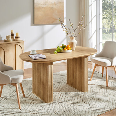 63" Fluted Oval Dining Table Double Pedestal Kitchen Table For 4-6 With Thickened Edge, Luxury Table For Dining Room/Kitchen