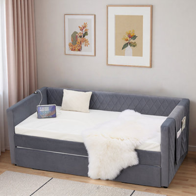 Diamond Grid Velvet Daybed With Usb Charging, Side Pocket And Trundle