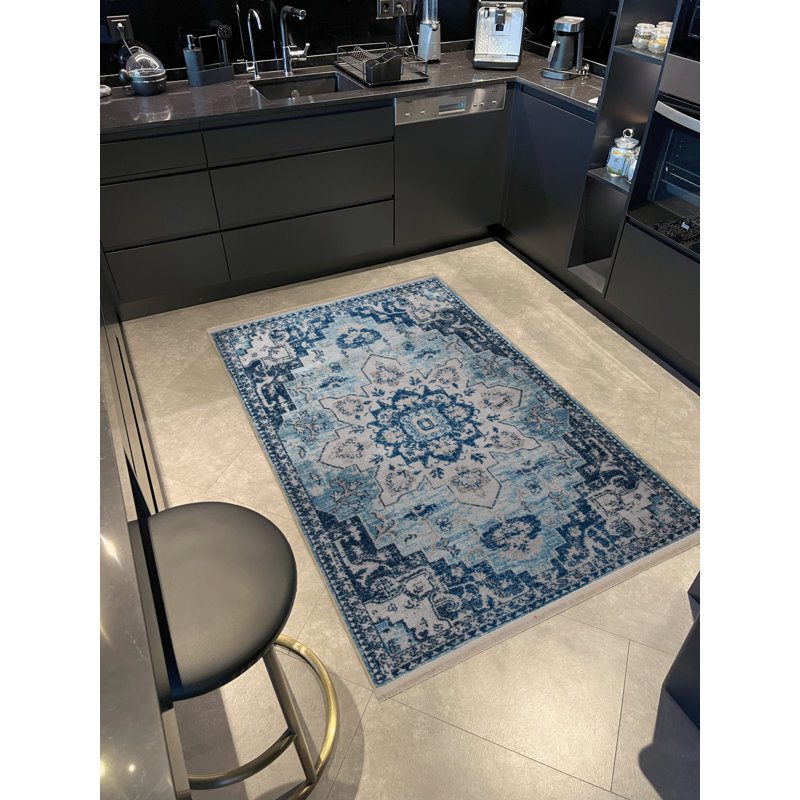 Tapis décoratif rétro à motif bleu à motif traditionnel, Tapis de couloir 3 pi 3,37 po x 9 pi 10,11 po