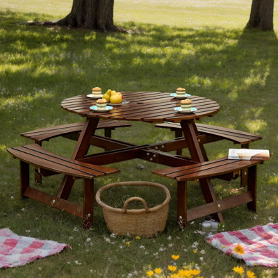 8 Person Wood Picnic Table, Outdoor Round Picnic Table with 4 Built-in Benches, Umbrella Hole, Outside Table and Bench Set for Patio, Backyard, 500lbs Capacity Per Bench