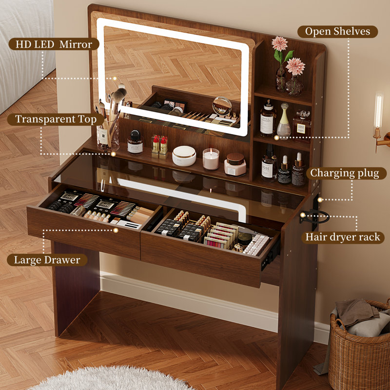 Makeup Vanity with 3-Color Adjustable LED Lighted Mirror & RGB Lighting, Modern Small-Space Vanity Desk with Charging Station, Tempered Glass Top & 2 Drawers