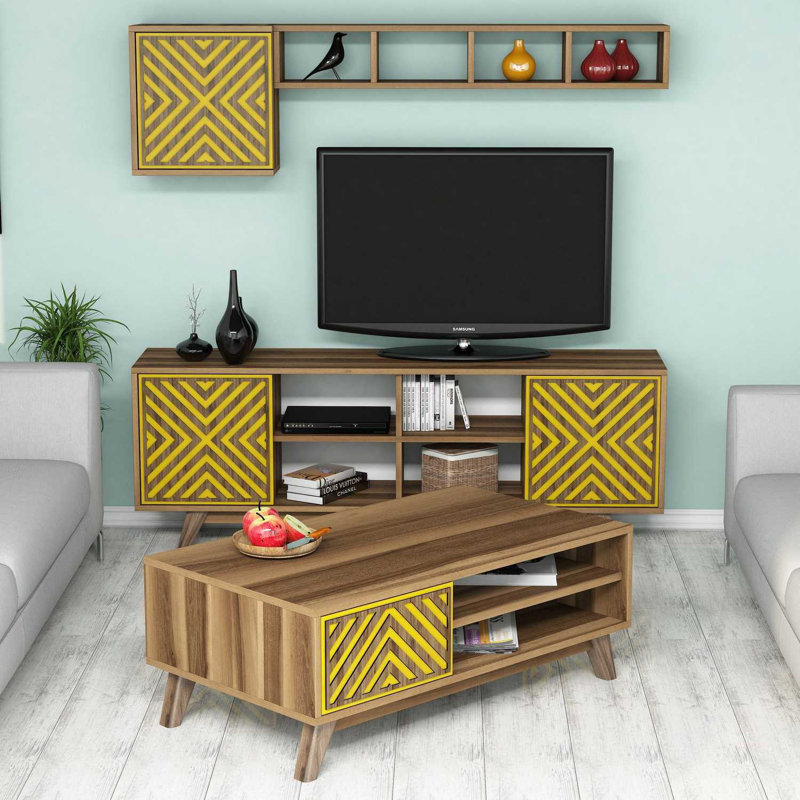 Margret Unfinished Entertainment Centre for TVs up to 65", Yellow/Walnut