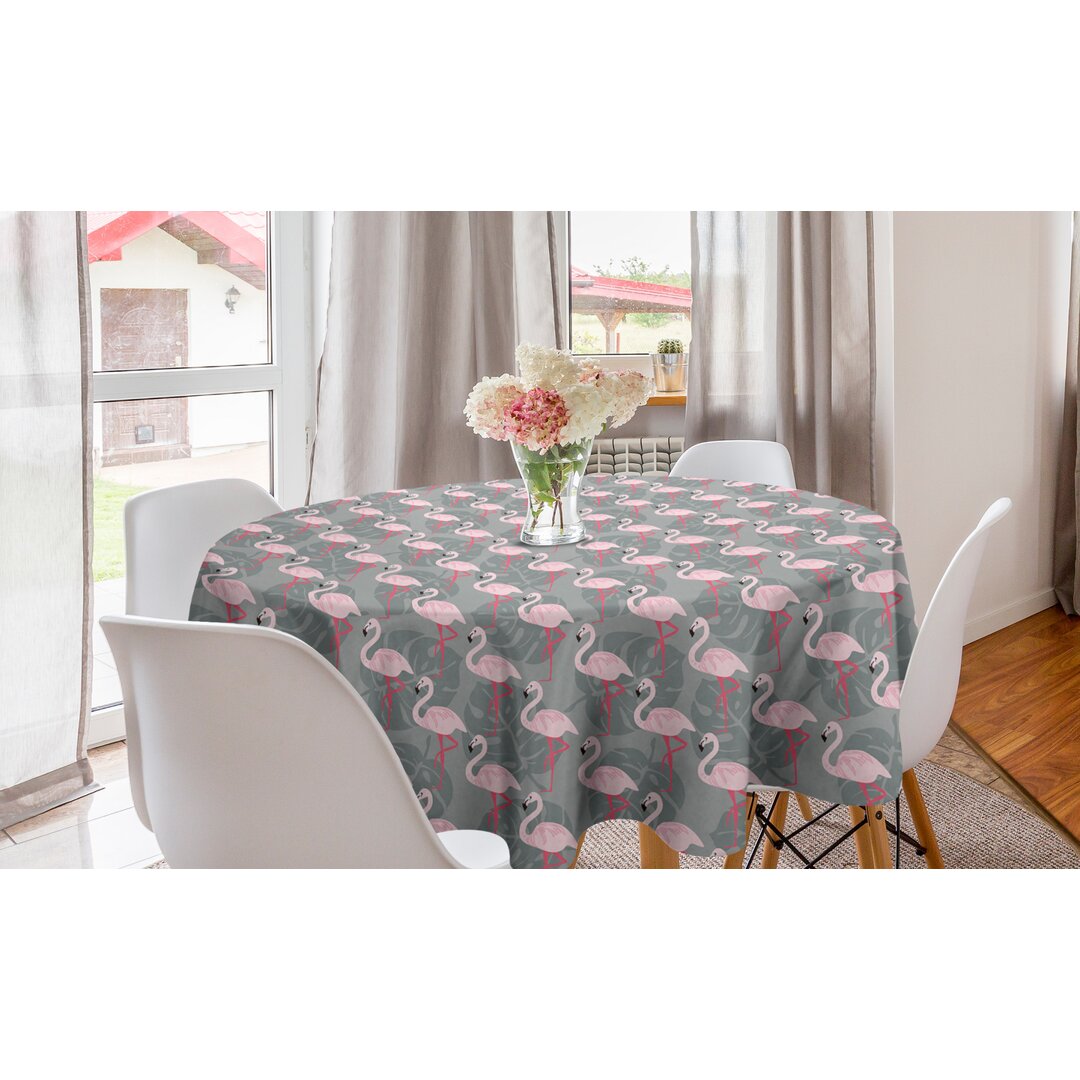 Runde Tischdecke, Baum-Blätter Wildlife, Flamingo, Grau Rose Pink