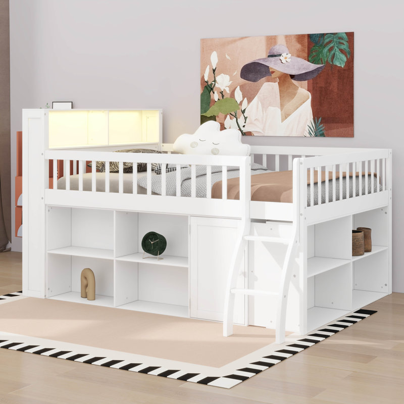 Lit mezzanine avec tablettes et armoire de rangement FUll, cadre de lit mezzanine bas en bois avec tête et échelle DEL, Blanc