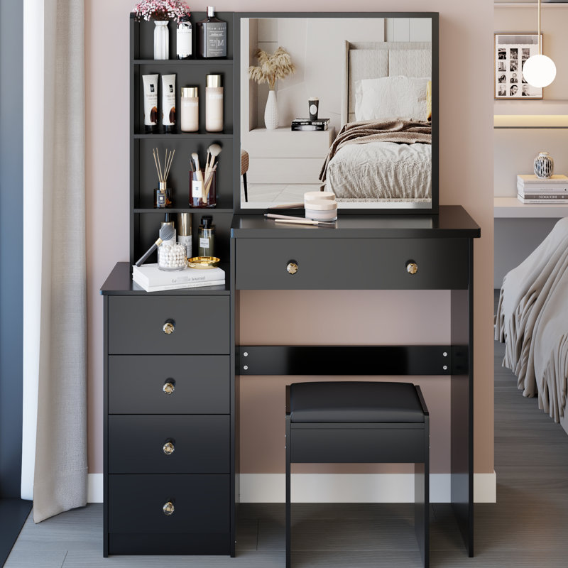 37-inch Left Bedside Vanity Table With Cushioned Stool And Large Sliding Mirror, High Capacity Storage, American Design, Black For Middle Spaces Stool, 24x22