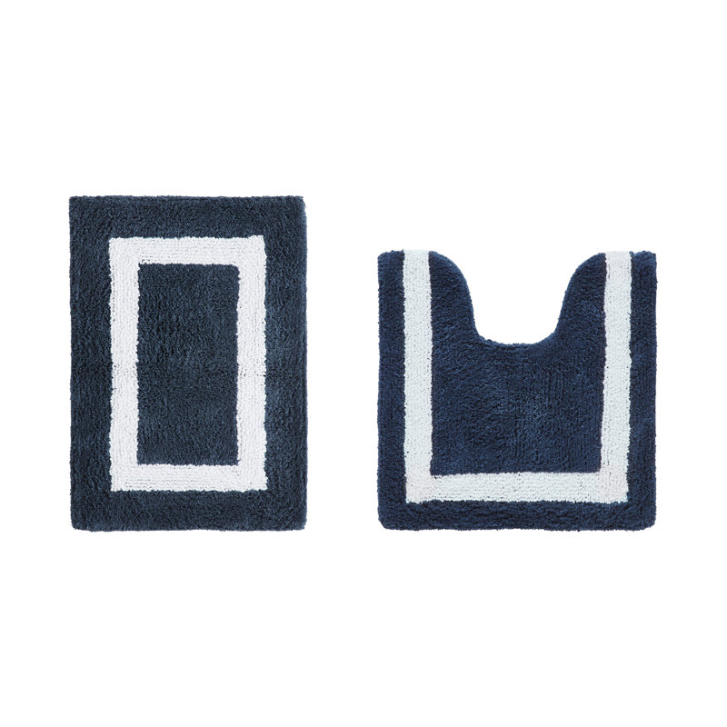 Broshous Premium 100% Cotton 2370 GSM 2-Piece Bath Rug Set, Ultra Plush Tufted Bathroom Mats, Super Absorbent OEKO-TEX® Certified, Reversible, Machine Washable, Spa-Like Comfort, Navy/White