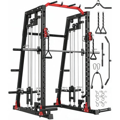 2200LB Smith Machine Home Gym Power Cage with Dual Pulley & Lat Pull-Down – Full Body Workout Station,RED