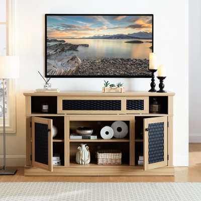 Meuble télé avec rangement réglable pour téléviseur de 65 po, tablette ouverte et fermée en chêne, compatible