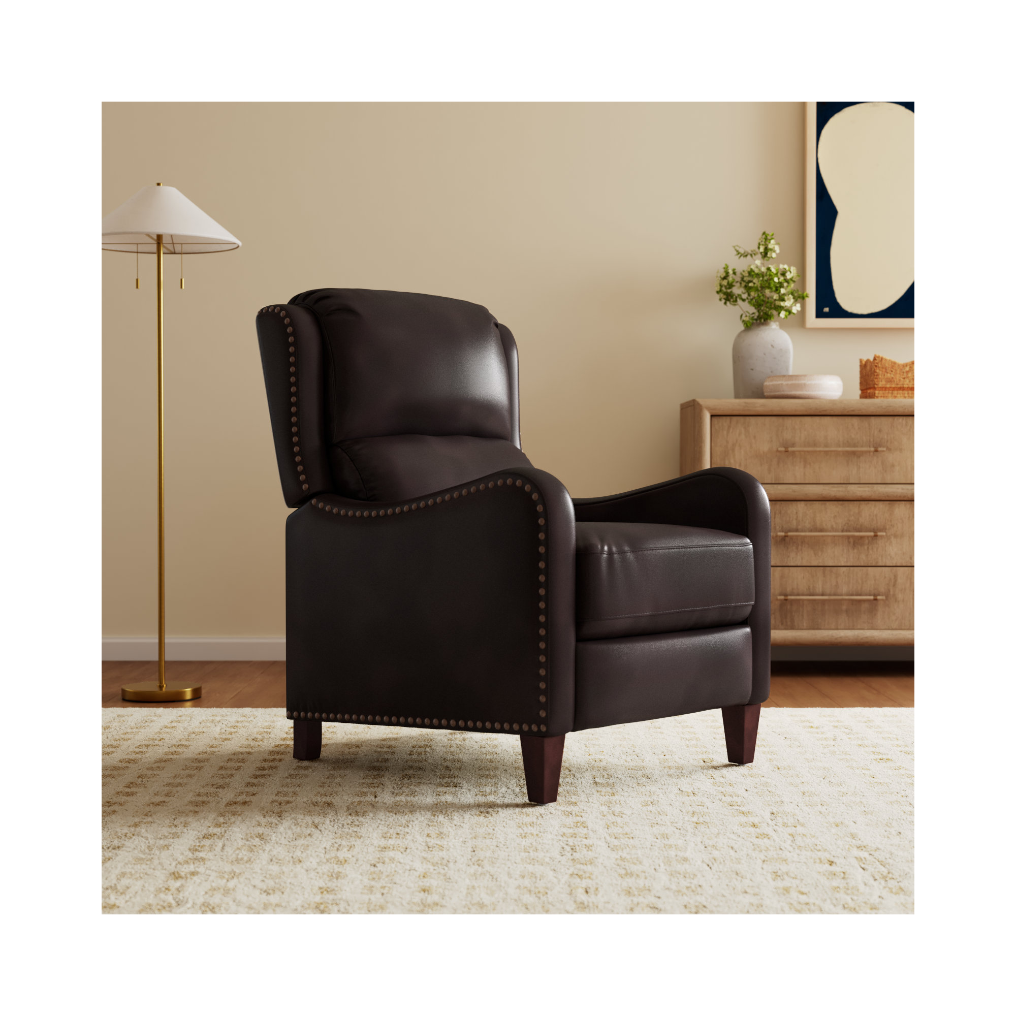 Beecher Genuine Leather Recliner With Nail Head Trim, Espresso Top Grain Leather