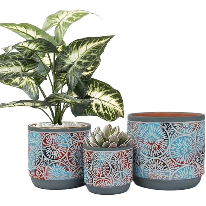 Ensemble de pots à fleurs 3 pièces en céramique grise avec drainage et coussinets en filet