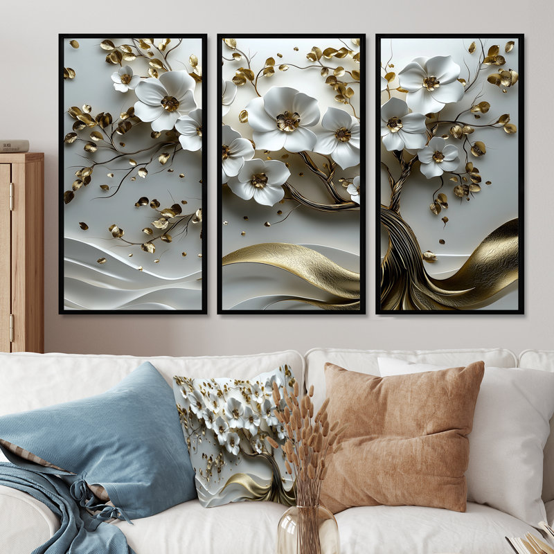 Ensemble de décorations murales cerisier blanc et or blanc I - Cherry Blossom, Black Floater Framed Canvas