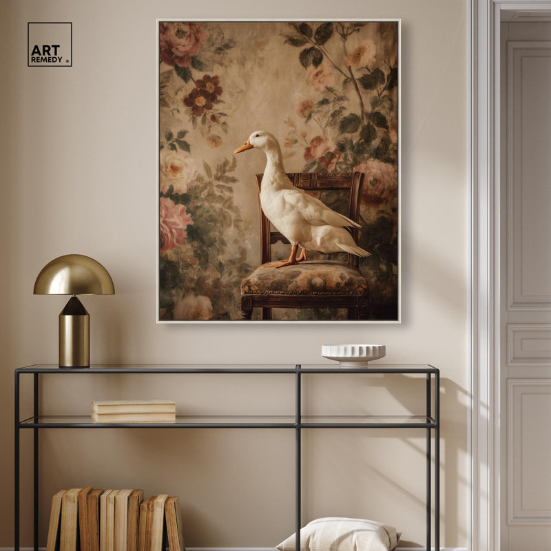 Impression sur toile « Duck on a Chair II » – Décoration murale de Pâques par Art Remedy, cadre noir, 16 x 20, Cadre argenté