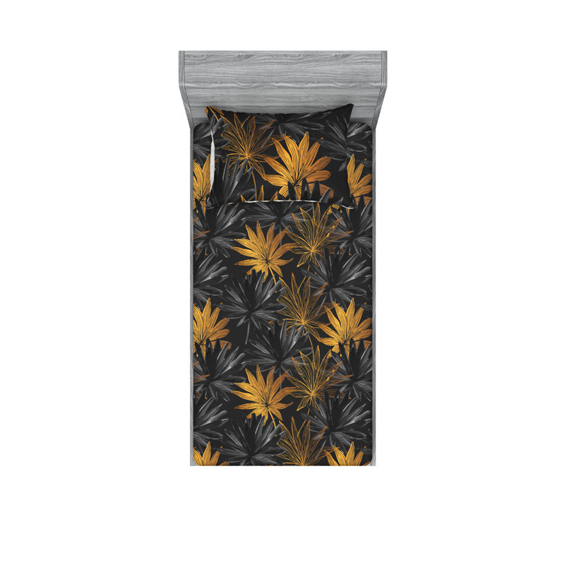 Drap-housse et taies décoratives 3 pièces Ambesonne, Jaune souci / motif floral gris foncé