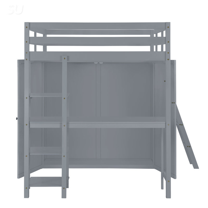 Lit mezzanine double avec garde-robe, bureau et tablettes