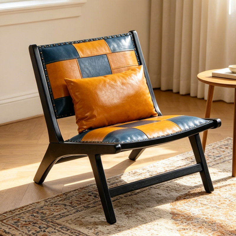 Fauteuil d'appoint Mid-Century moderne, fauteuil en patchwork de similicuir avec coussin, fauteuil de loisir sans cadre, bleu