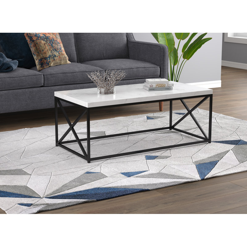 Table basse Brady, plateau en faux bois, structure en X en métal, Noir, noir, noir, noir, Marbre blanc