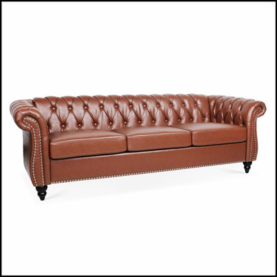 Canapé Chesterfield en polyuréthane à accoudoirs roulés à trois places avec dossier capitonné classique et clous argentés, alliant élégance et confort