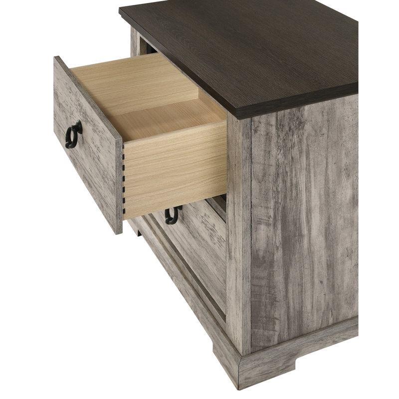 Élégante table de chevet bicolore grise avec deux tiroirs et structure en bois pour chambre à coucher Poignée rustique contemporaine en métal