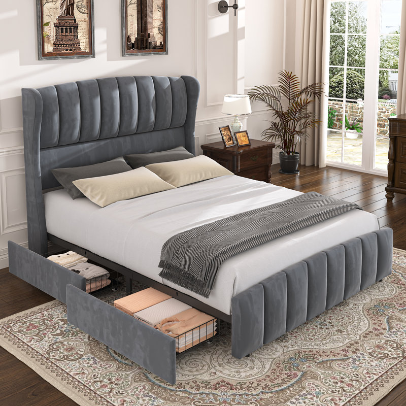 Structure de lit tapissier en velours, tête de lit capitonnée à oreilles de 54 po de hauteur, 4 tiroirs de rangement sous le lit, support robuste de 1 100 lb, conception silencieuse, aucun sommier tapissier requis