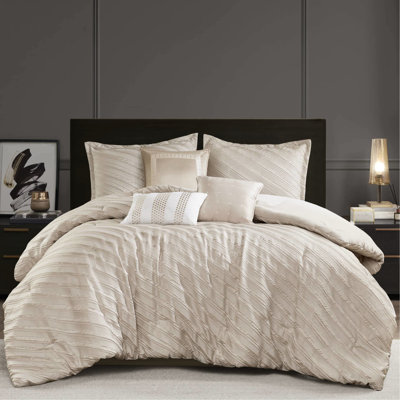 Édredon 7 pièces beige pour grand lit, motif diagonal, haute qualité, confort toutes saisons, literie de luxe avec jupe de lit et coussins décoratifs assortis aux taies décoratives de style transitionnel moderne