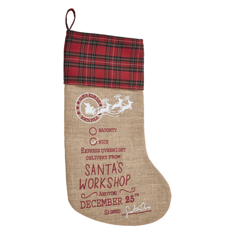 Chaussette de Noël atelier de père Noël en jute écossais