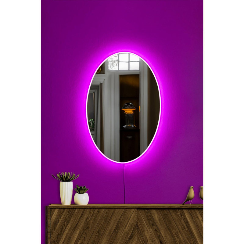 Miroir moderne à DEL, 30 po x 16 po | Acrylique incassable avec panneau de fibres à densité moyenne de 0,2 po d'épaisseur | Rayures néon rose, alimentation 12V | Parfait pour la décoration intérieure et la beauté, la conception élégante et fonctionnelle