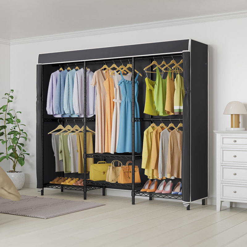 Black Metal Garment Rack with Adjustable Shelves and Cover