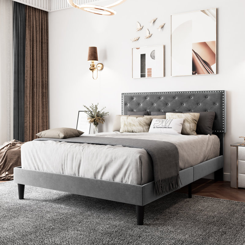 Aleiny Velvet Bed with Adjustable Upholstered Headboard, Queen, Gray