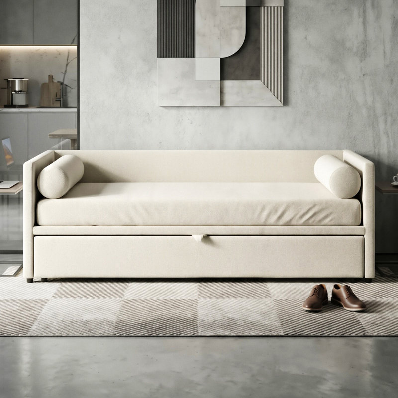 Velvet Upholstered Extendable Daybed With Pop-Up Trundle, 3-In-1 Sofa Bed Converts To Double, Beige & Grey , Beige