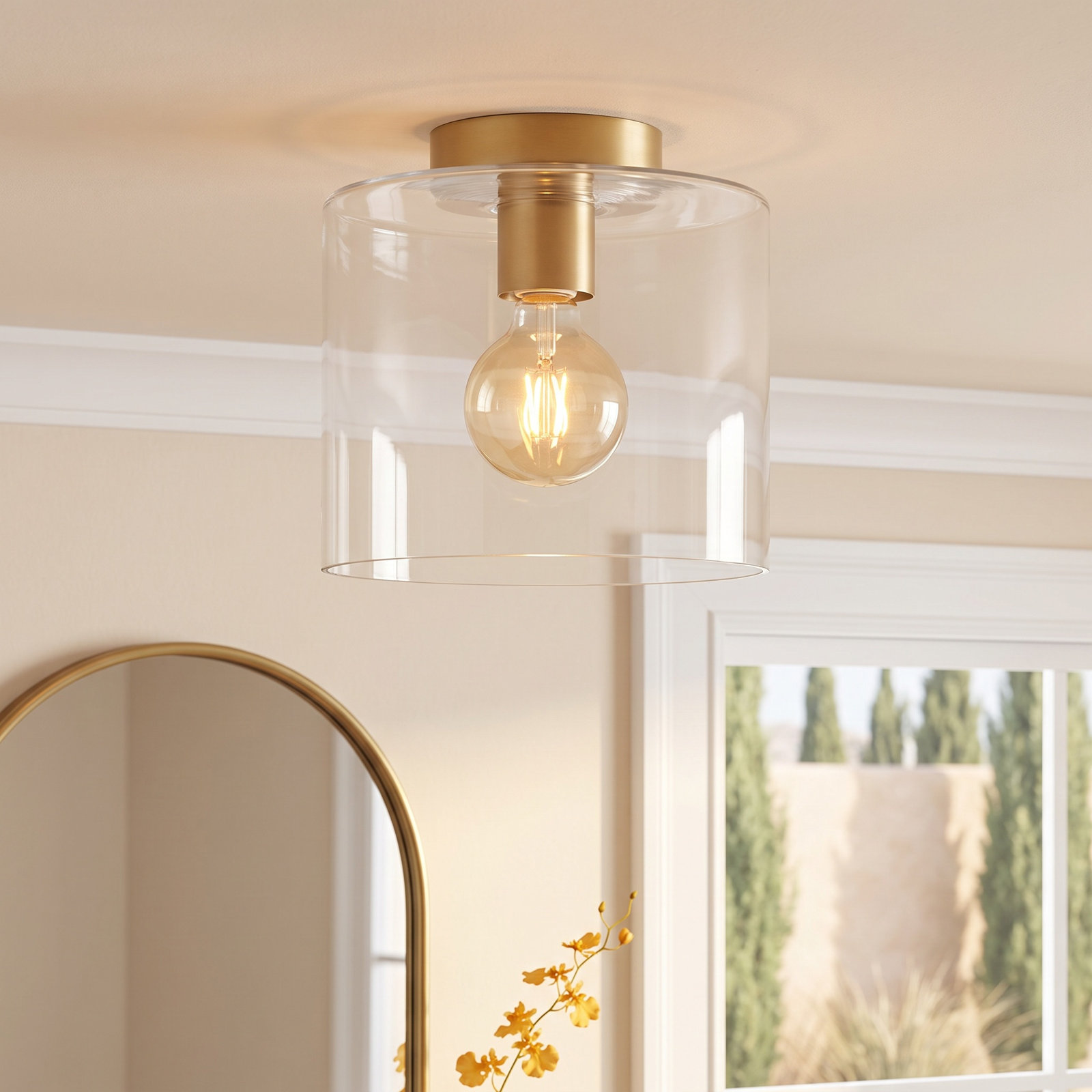 Lydia Single Light Glass Semi Flush Mount, Lacquered Brass