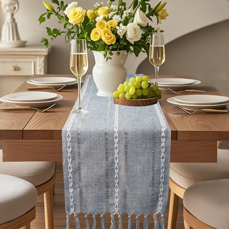 Chemin de table rayé en coton mélangé avec broderies ajourées, Bleu, Rectangle 94 po