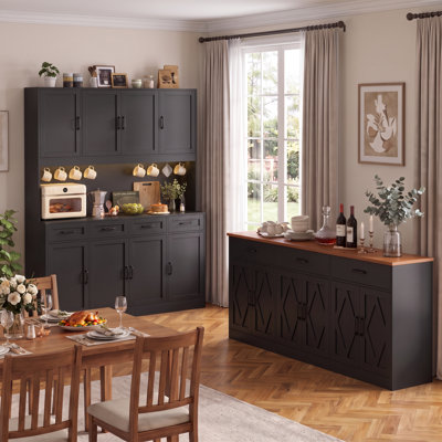 Ensemble de cuisine Jacenda 2 pièces, armoire de cuisine en bois avec éclairage DEL, tiroirs et prises électriques (189 cm H x 150 cm L) et buffet (180 cm L) avec 3 tiroirs.