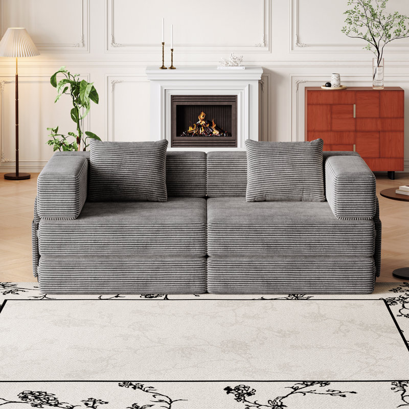 Boneless 72.4 Inch Convertible Sofa Bed, Corduroy Fabric Sofa With Two Side Storage Pockets And Two Cushions, Comfortable Folding Sofa Bed