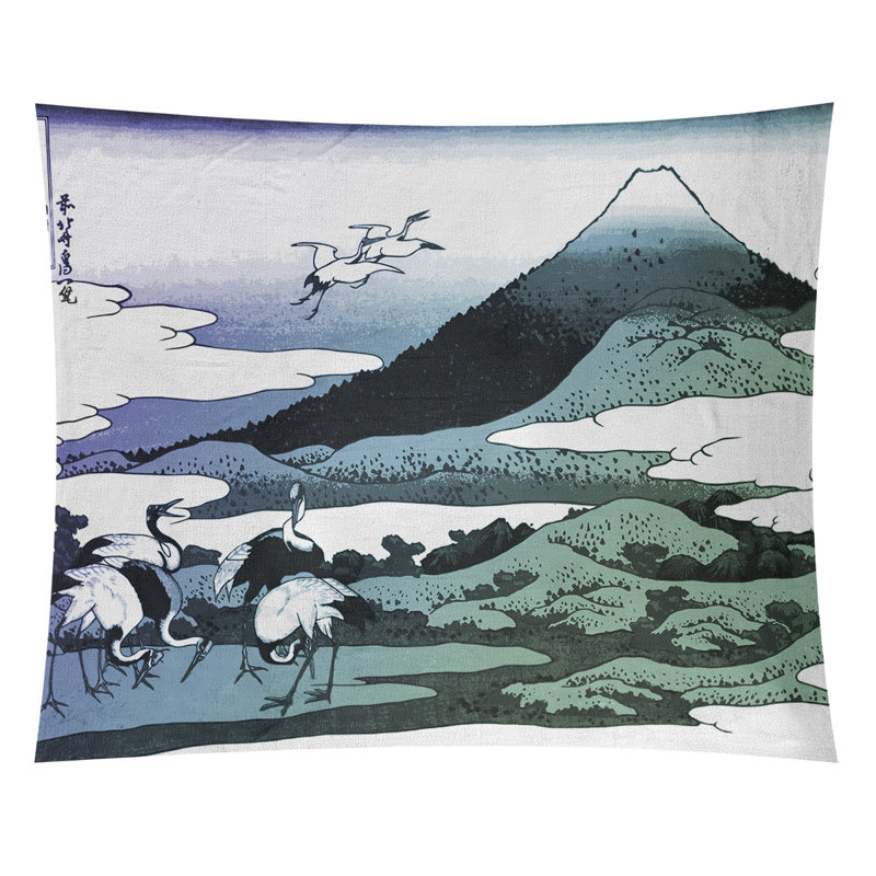 Tapisserie de grues japonaises dans des tons chauds, H 91 po x l 107,5 po