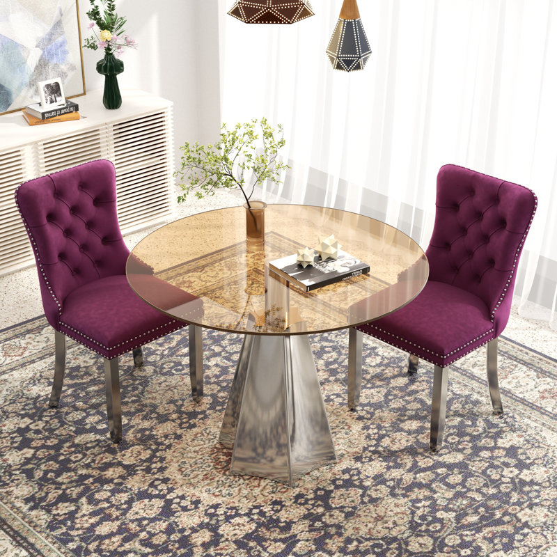 Ensemble de table de salle à manger moderne avec plateau de table en velours capitonné, 3 pièces: table, 2 chaises, Mauve