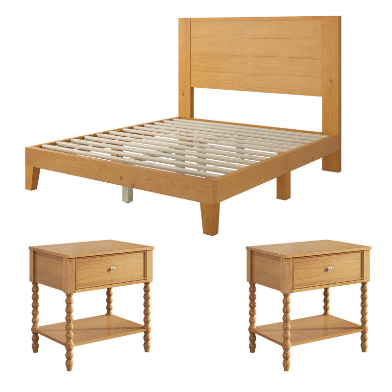 Ensemble de chambre à coucher en bois massif 3 pièces avec cadre de lit grand et 2 tables de chevet tournées, naturel