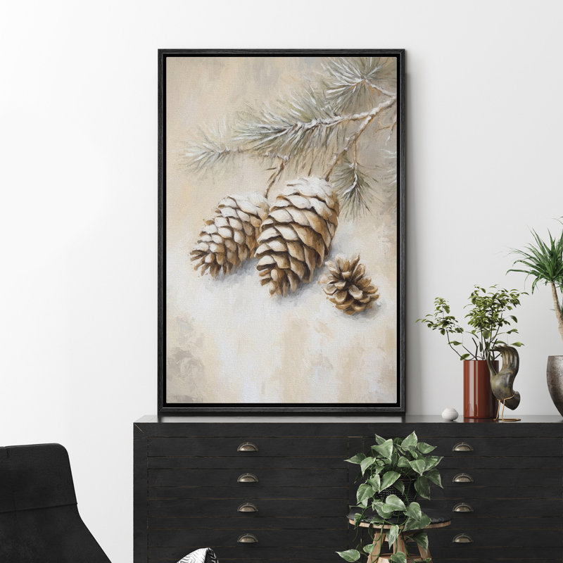 Christmas Pinecone Rustic Christmas Winter Chrismas Holiday Decor Framed Canvas Print Wall Art, Black, 24" H x 16" W