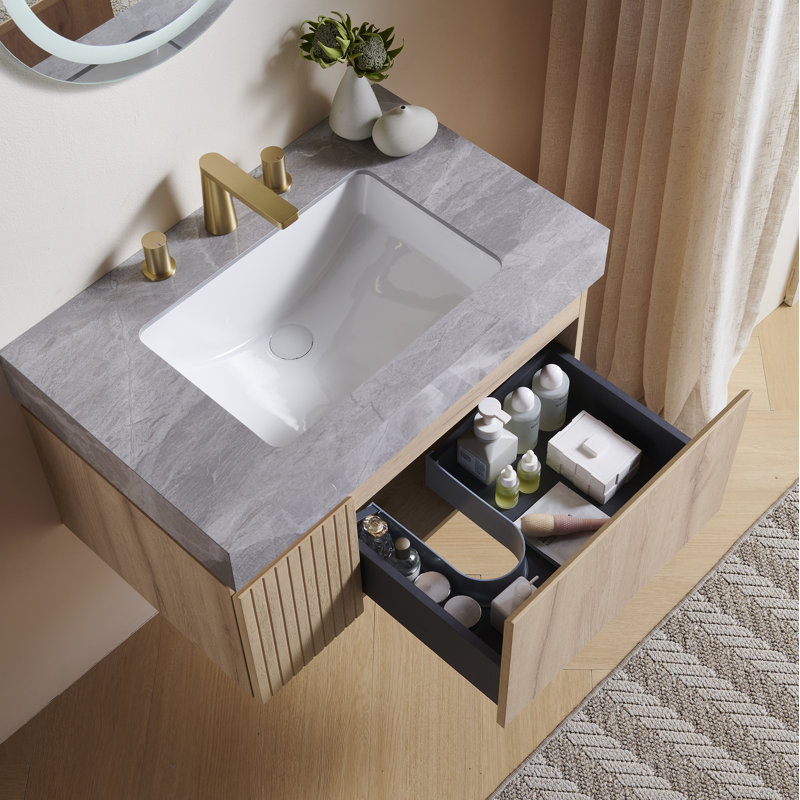 Meuble-lavabo simple en contreplaqué et en bois massif, Chêne blanc, 30", Gris clair