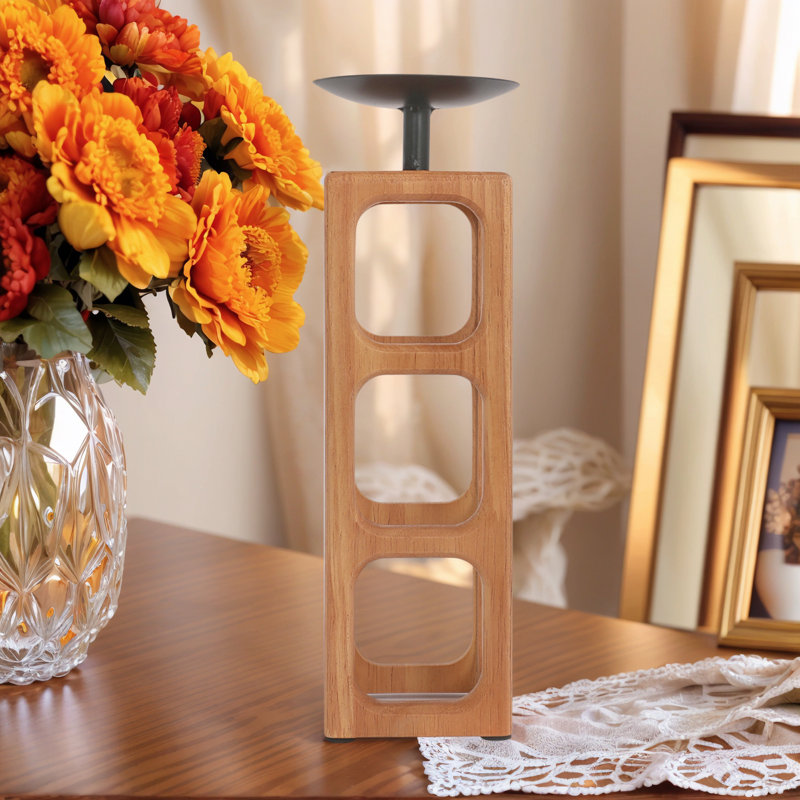 Porte-bougie en bois, Tanné, H 12,75 po x l 4,25 po x P 4,25 po