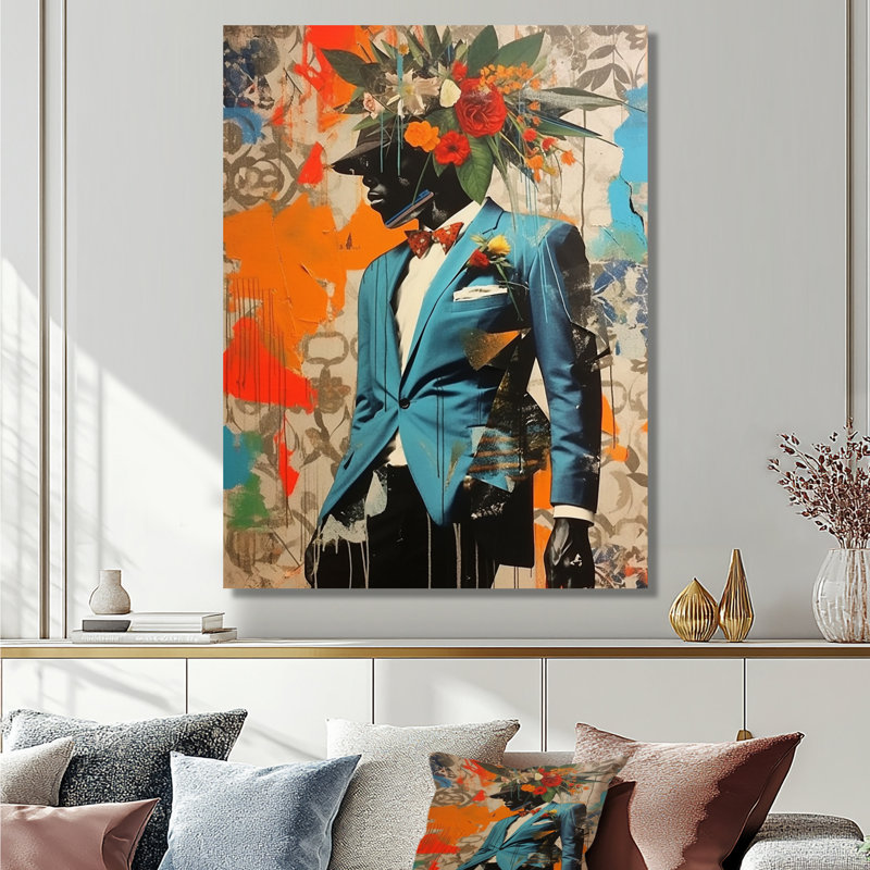 «Flower Man With suit Collage - Fashion Man», art mural, Toile tendue, H 40 po x l 30 po x P 1,5 po