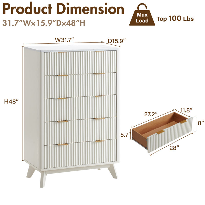 Modern 5 Drawer Dresser - Faux Marble Top & Curved Designsurface, White