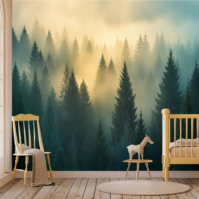 Adhésif mural amovible Peel and Stick Misty Forest Sunlight Breaking Trees