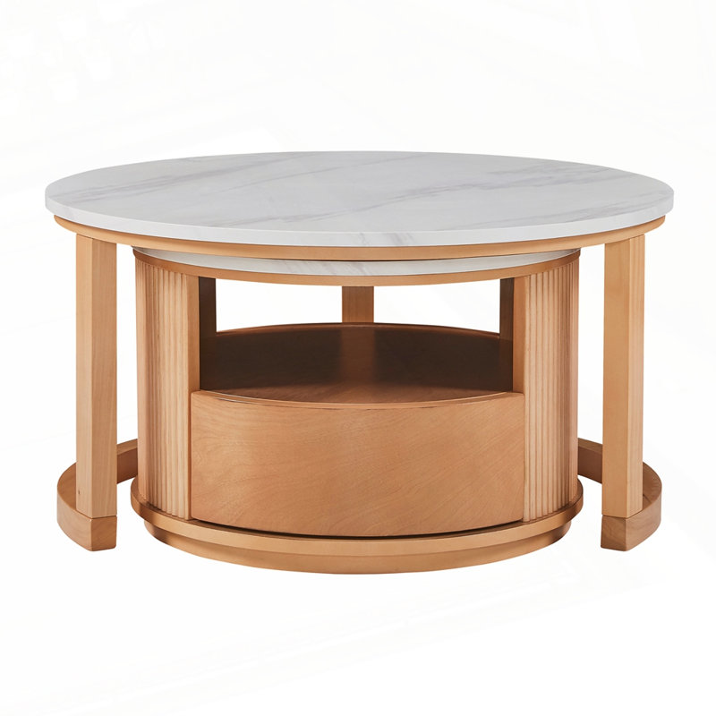 Table basse ronde gigogne avec rangement à 2 niveaux et 1 tiroir