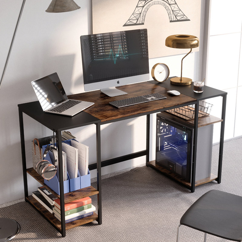 Fortney 55" W Writing Desk with Storage Shelves, Home Office Computer Desk with Hooks, Rustic Brown/Black