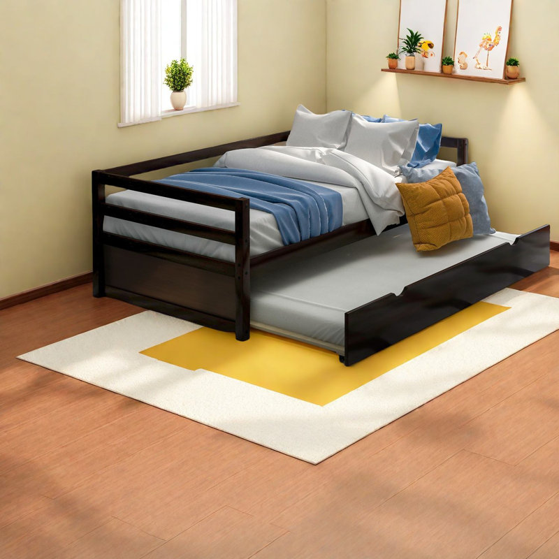 Lit simple gigogne peu encombrant, bois de pin, design espresso moderne