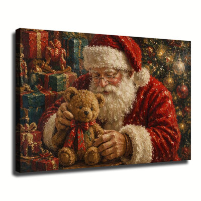 Antique Style Painting Santa Holding Cute Teddy Bear Surrounded By Stacked Christmas Gift Boxes, Canvas Wall Art Holiday Ornament