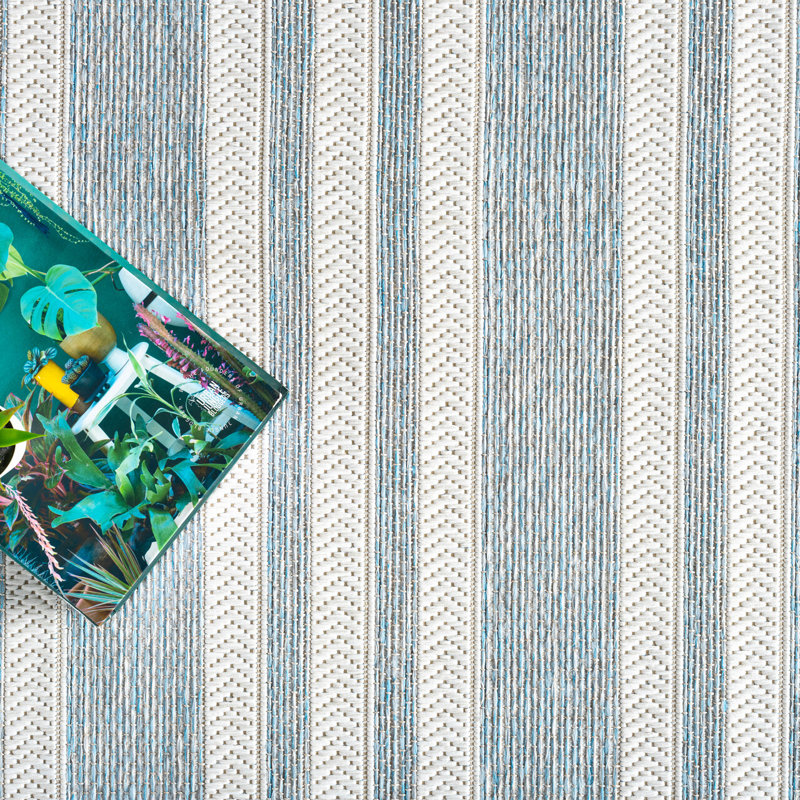 Abani OCE120B Blue Horizontal Striped Indoor/Outdoor Area Rug, Rectangle 7'9" x 10'2"